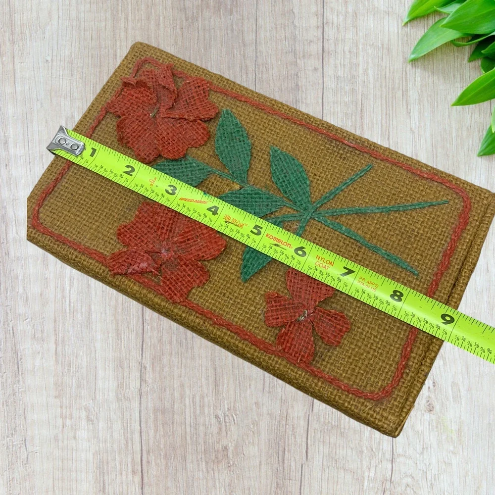 Vintage 1970's OOAK Burlap Covered Trinket Storage Box Hinged Lid Flowers Hippie